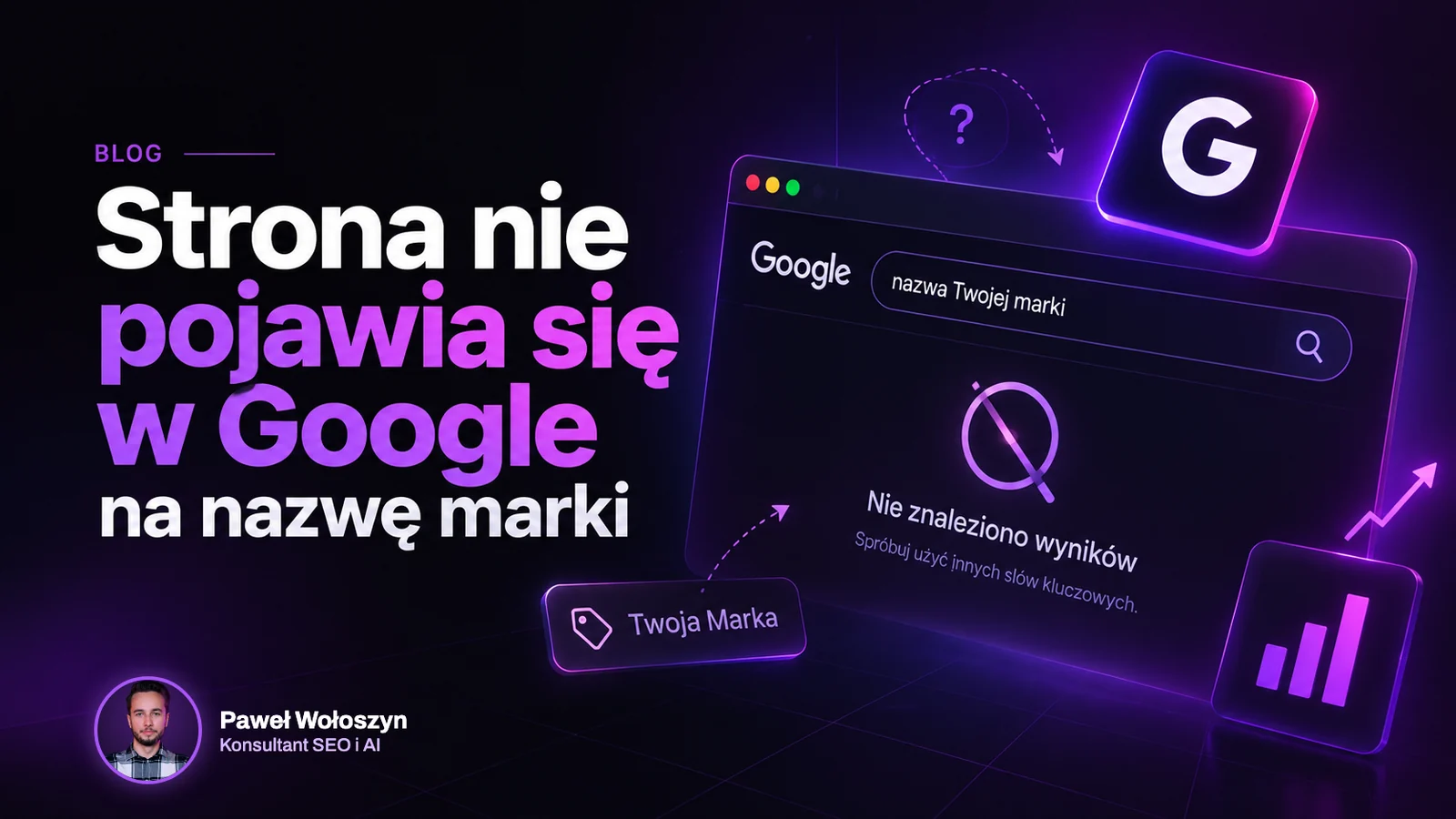Okładka wpisu: Dlaczego moja strona nie pojawia się w Google na własną nazwę (brand)?. Paweł Wołoszyn, Konsultant SEO i AI
